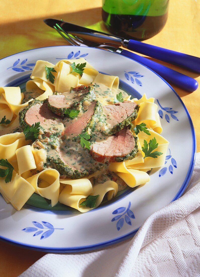 Herb-marinated meat with mustard mousse & broad ribbon noodles