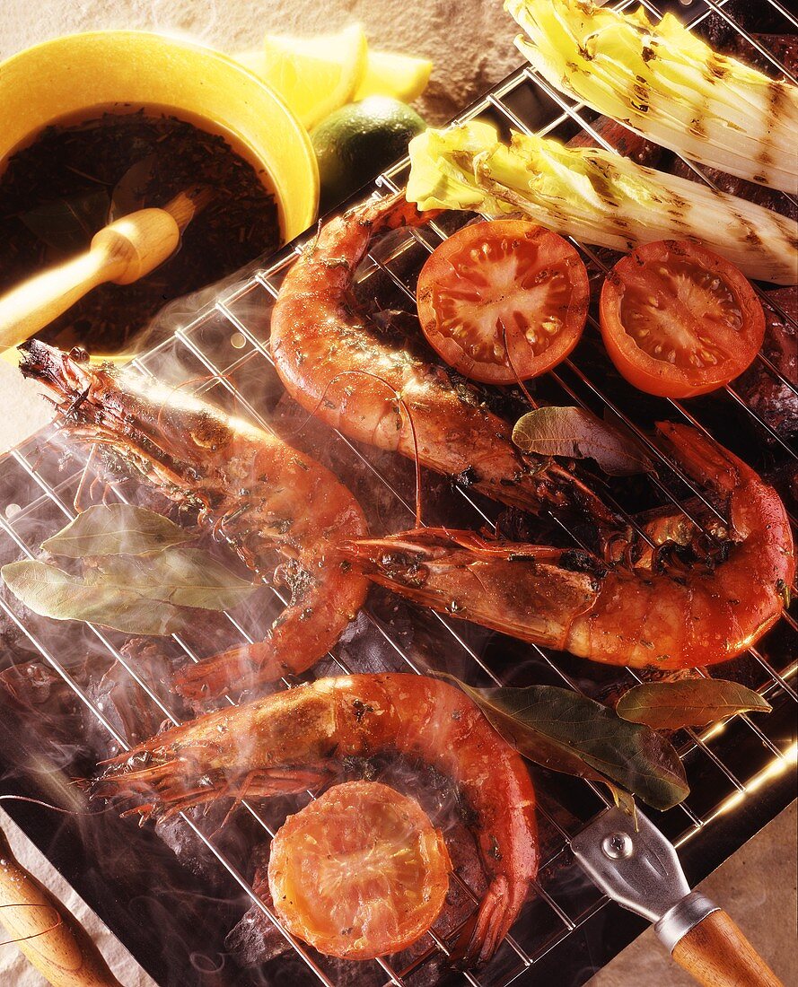 Whole Shrimp with Vegetables on the Barbecue