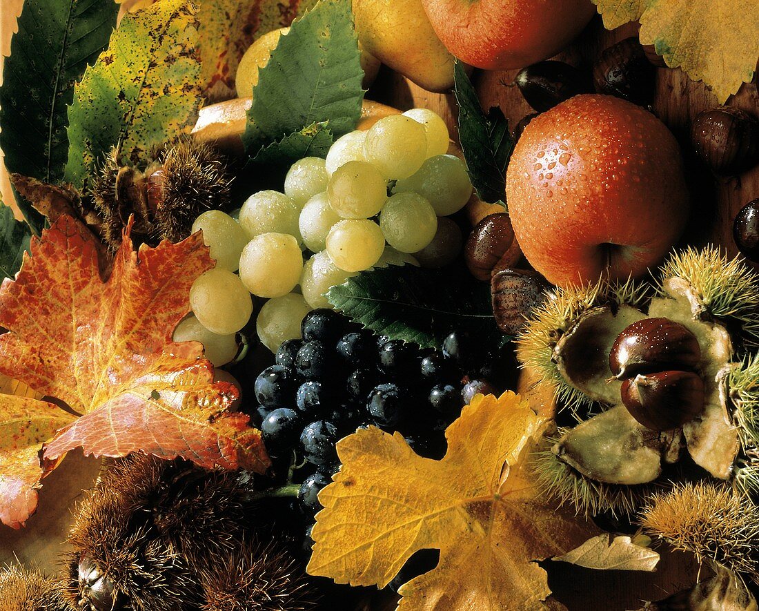 Herbstliches Obststillleben mit Esskastanien und Blättern