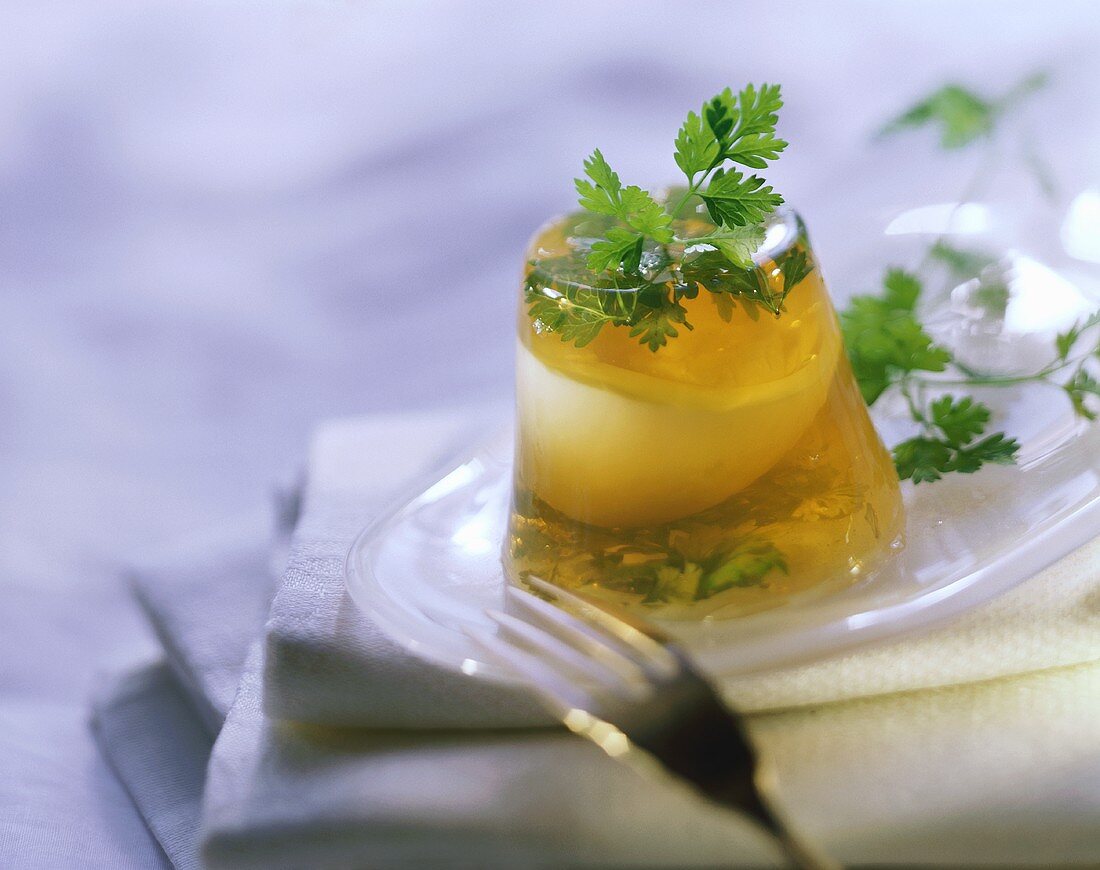 Chervil jelly with mustard sauce & fresh chervil leaves