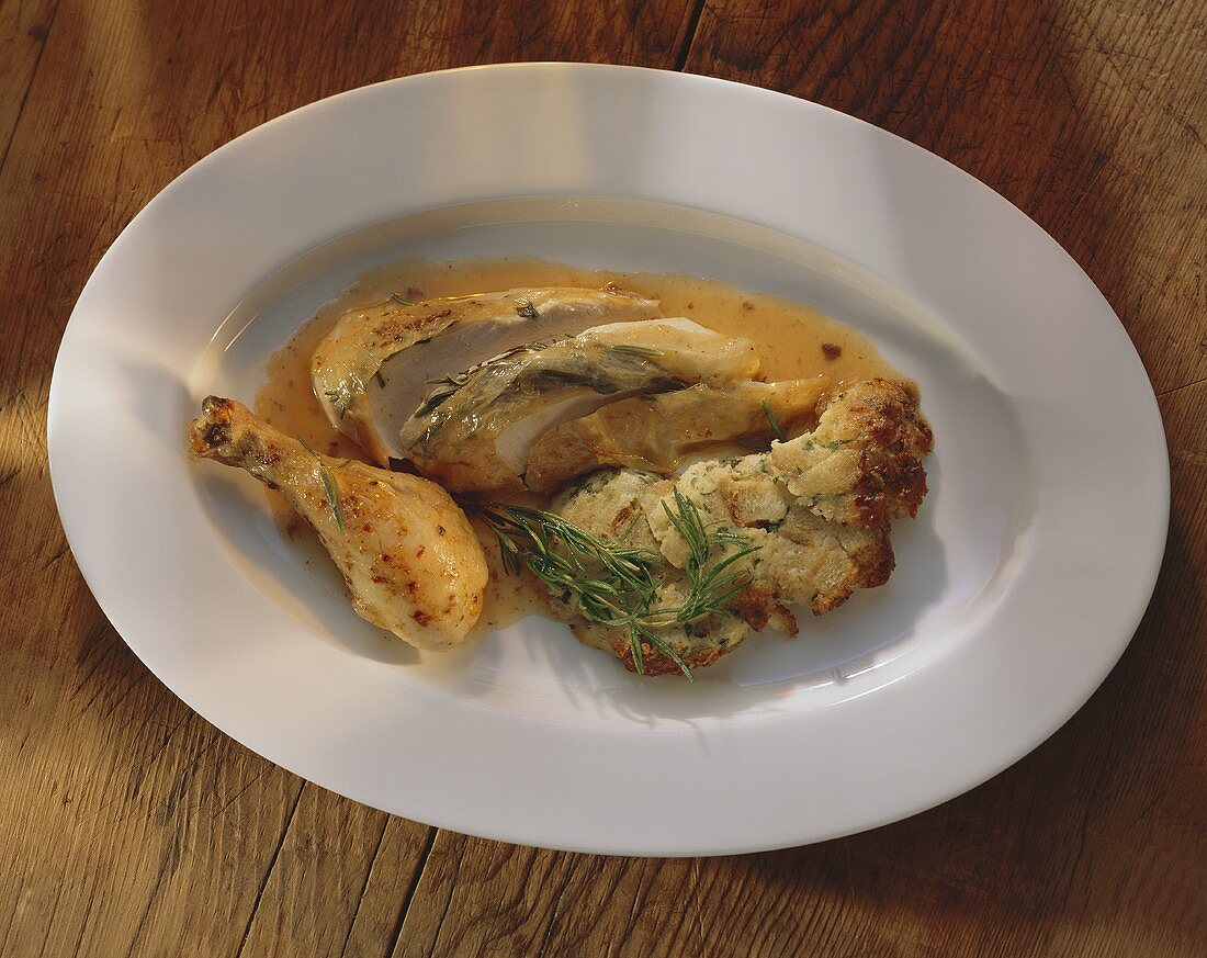 Free-range cockerel with herb dumpling stuffing & rosemary