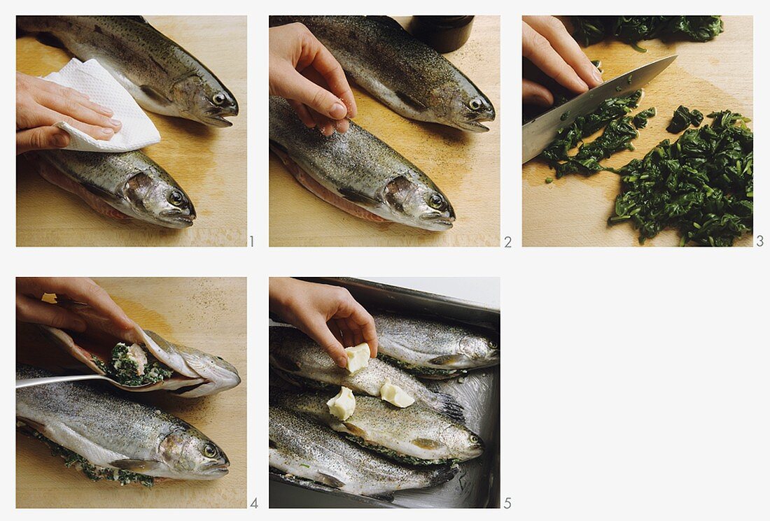 Making stuffed trout with spinach