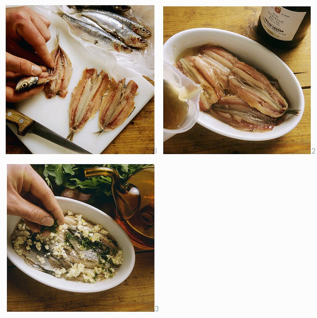 Pickling anchovies with garlic and parsley
