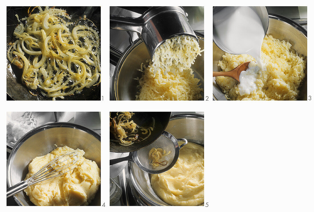 Making mashed potato with fried onions