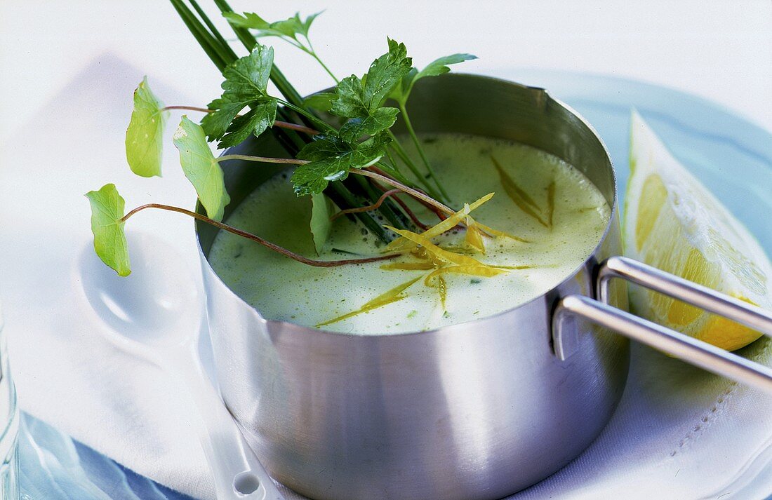 Herb sauce in a saucepan