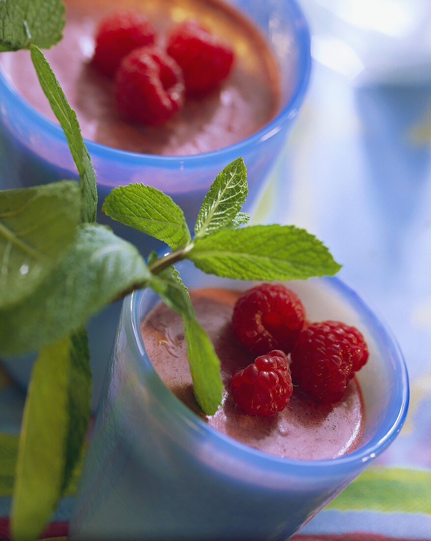 Himbeerschaum mit frischen Himbeeren in Bechern; Minzezweig