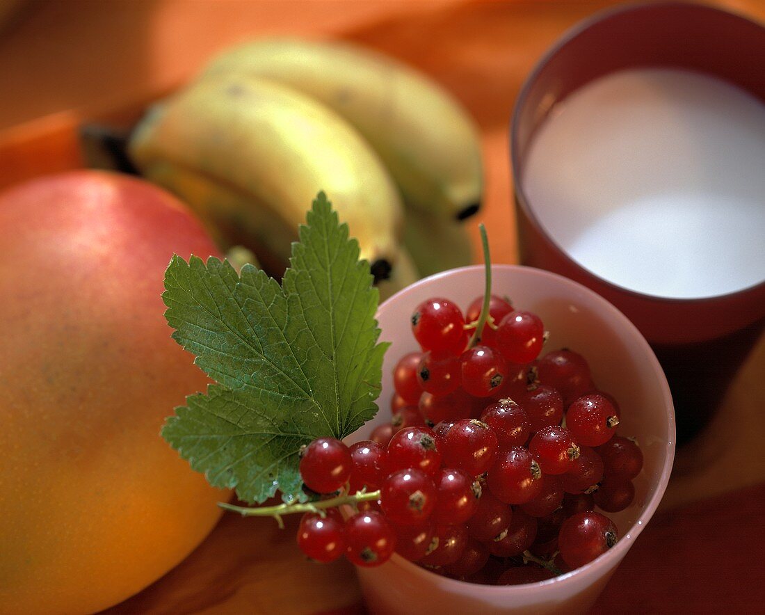 Stillleben mit Bananen, Mango, Johannisbeeren und Milch