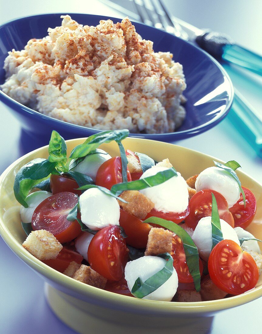 Mozzarella mit Tomaten und Basilikum; Obatzter in Schale