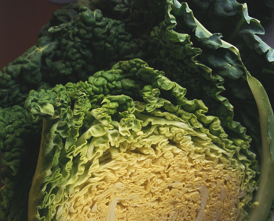 Savoy cabbage, cut in half (close-up)