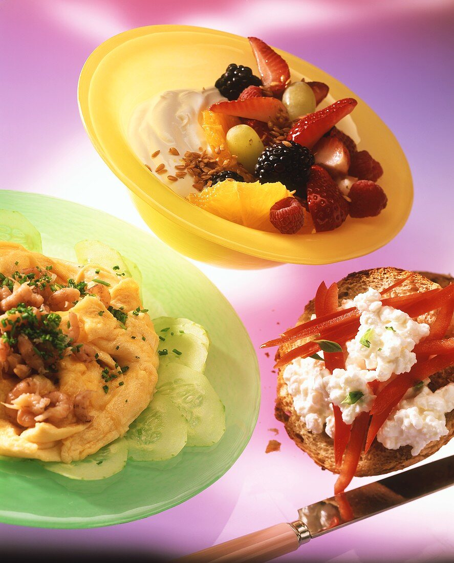 Shrimp scrambled egg; muesli & fruit; bread & cottage cheese