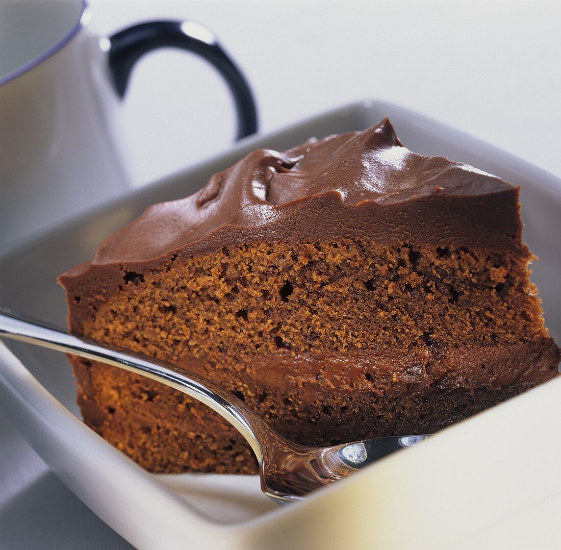 A piece of moist chocolate cake