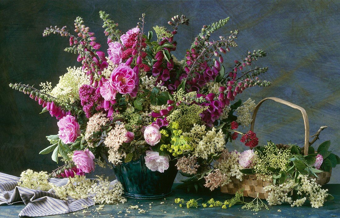 Bouquet of roses, medicinal and culinary herbs