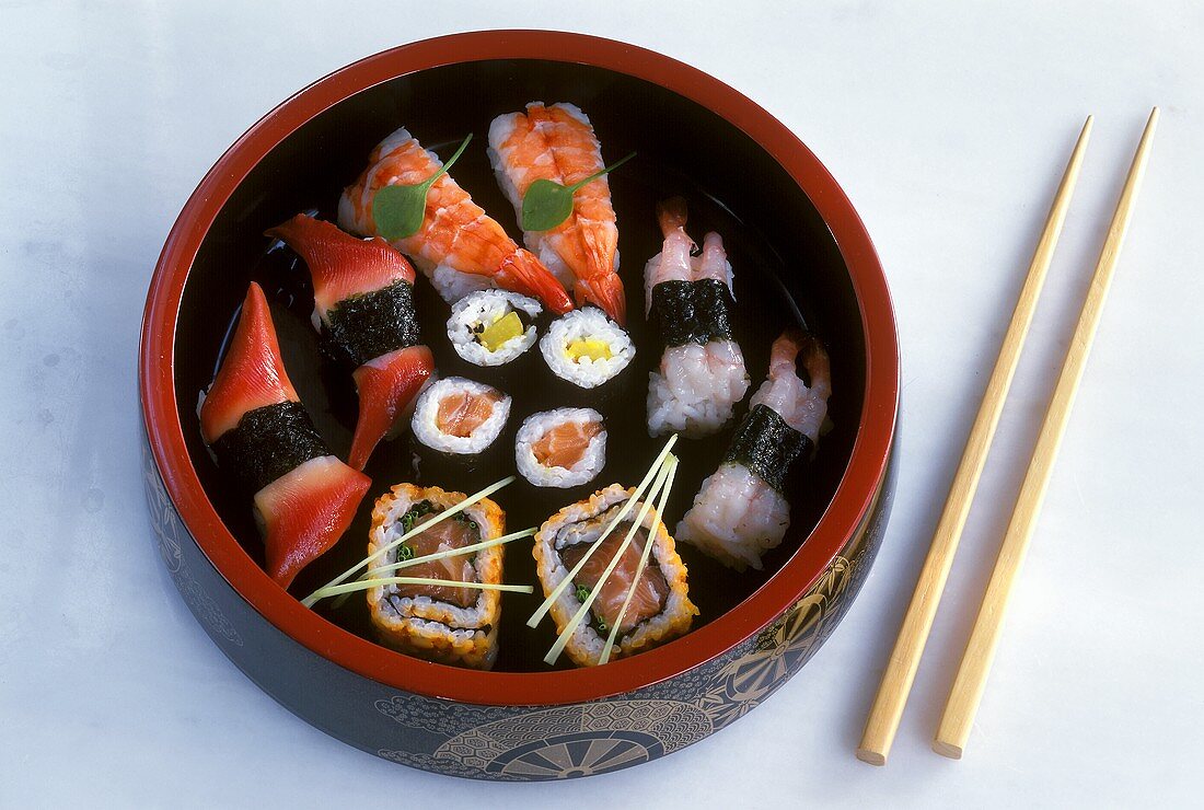 Various sushi in a Japanese bowl