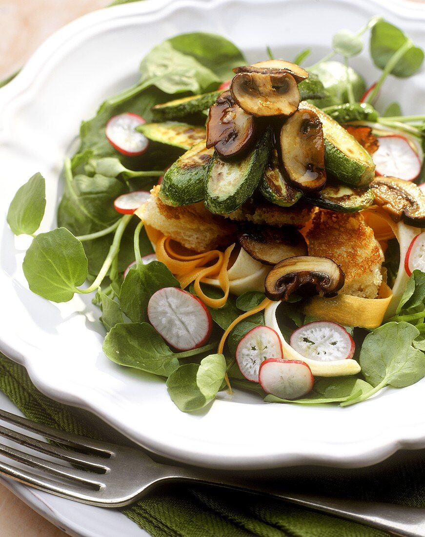 Brunnenkressesalat mit Zucchini, Pilzen, Radieschen und Brot