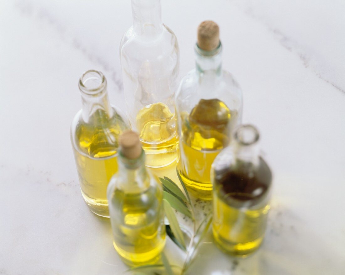 Olivenöl in verschiedenen Flaschen; Olivenzweig