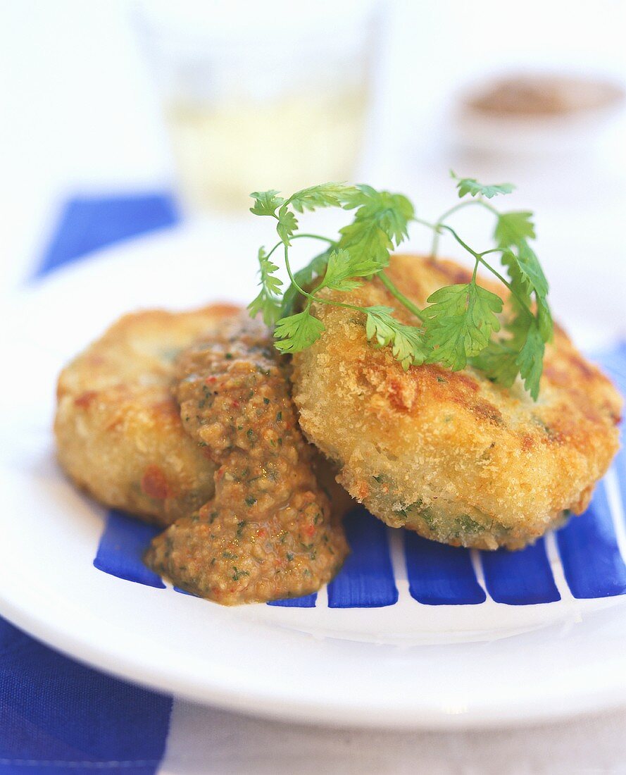 Fischfrikadellen mit Sauce und frischer Petersilie