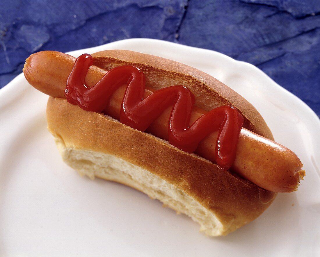 Ein Hot Dog mit Ketchup auf weißem Teller