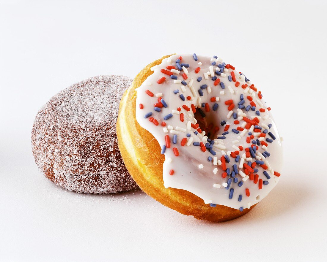 Chocolate doughnut with sugar; Doughnut with coloured coating