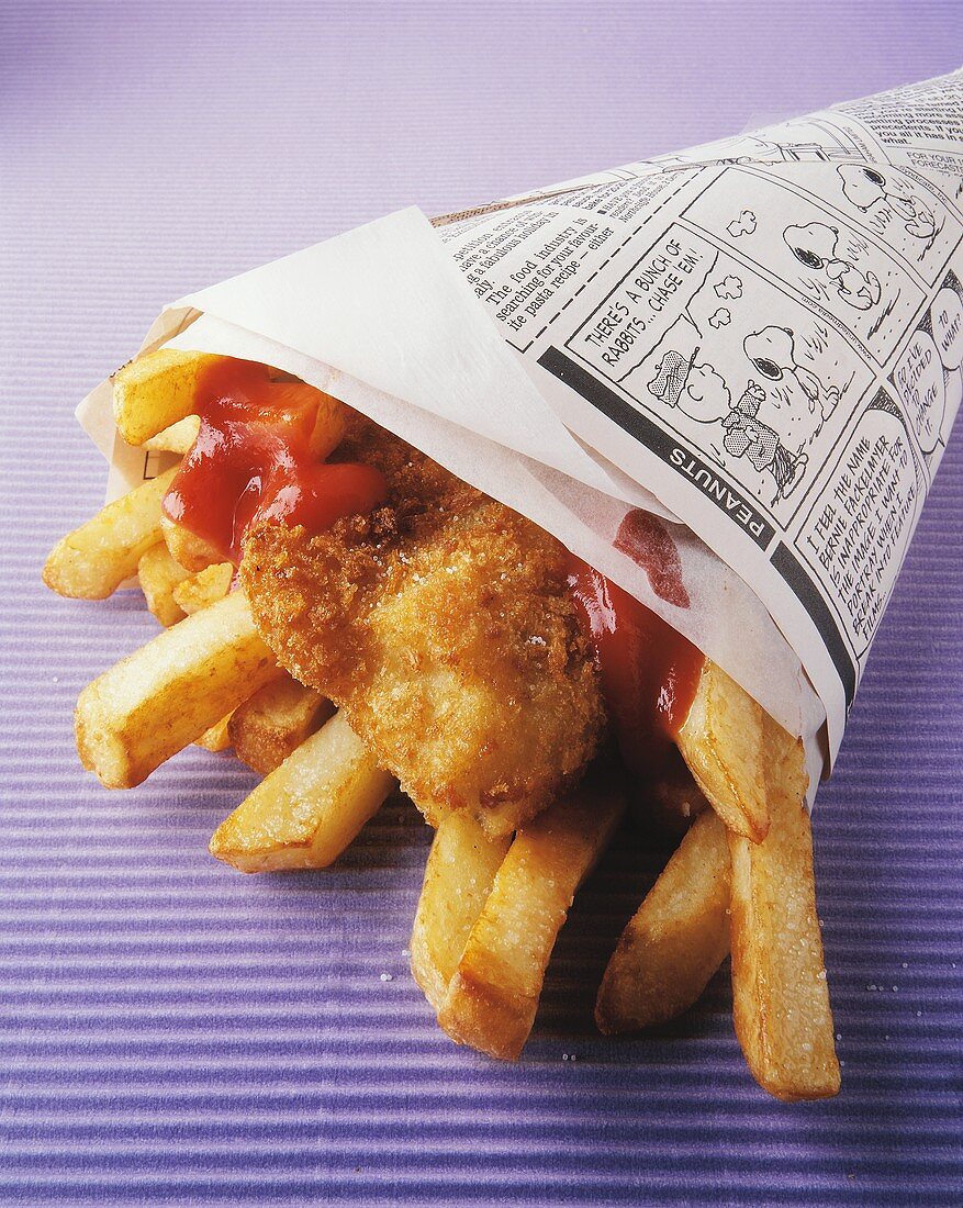 Fish and chips with ketchup in newspaper bag