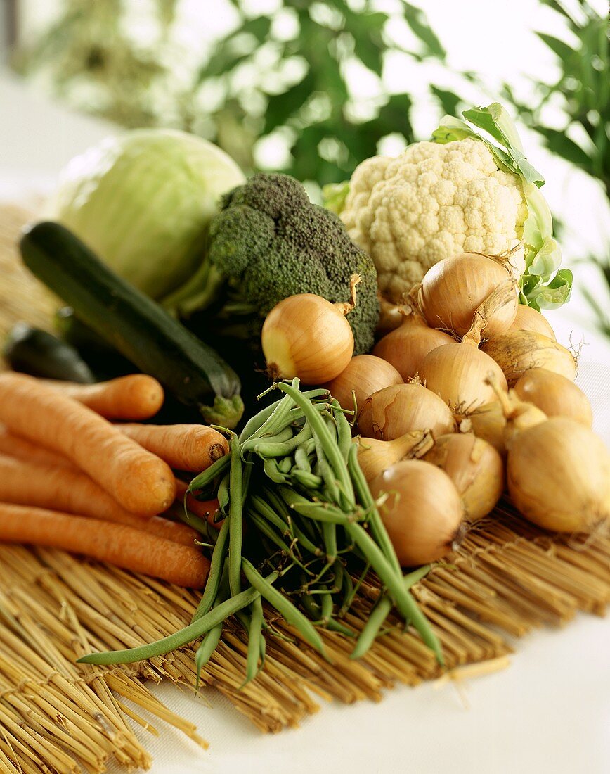 Various types of vegetables on straw mat