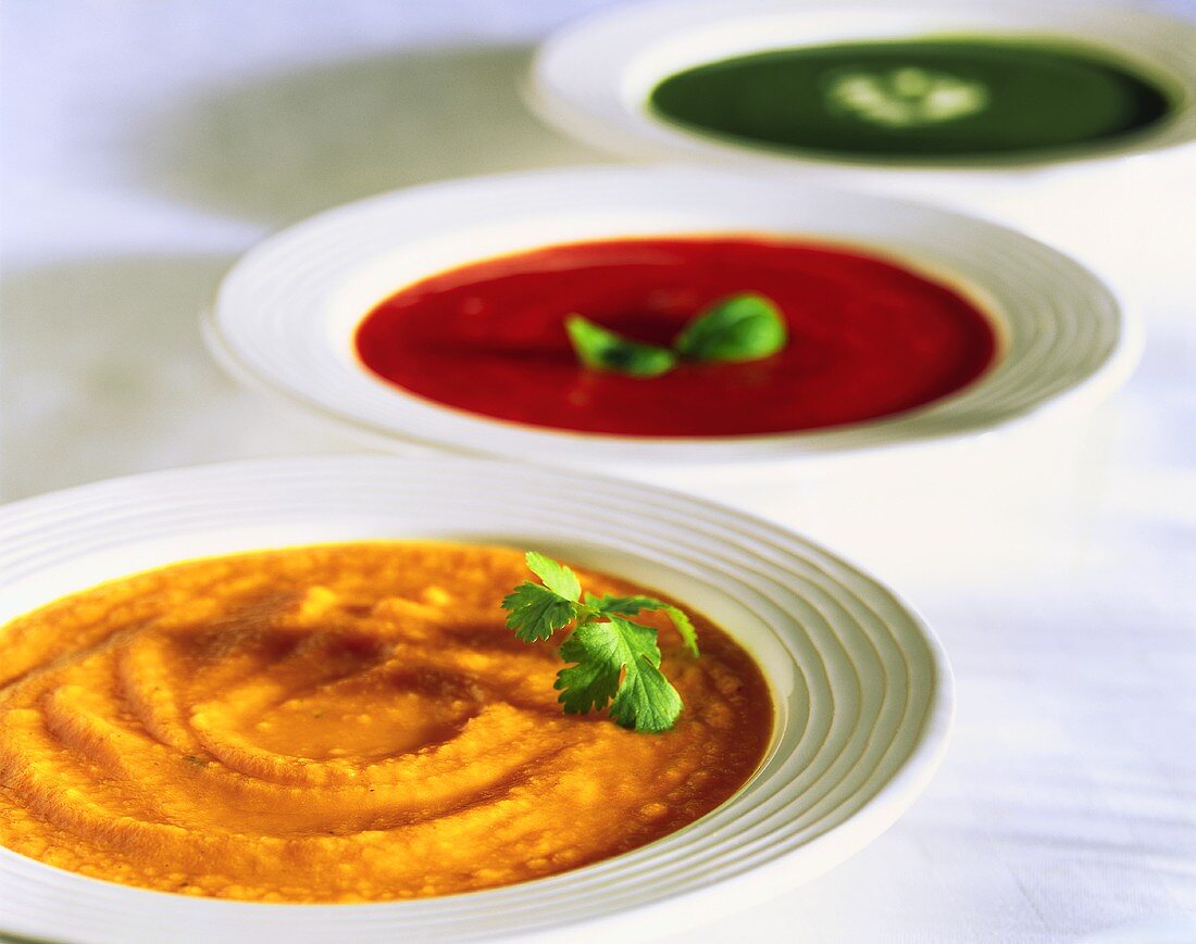 Three creamy vegetable soups (carrot, tomato, spinach)