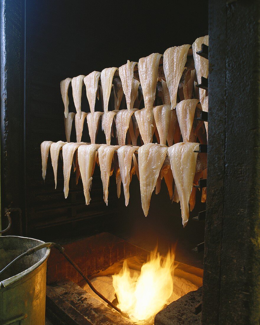 Haddock fillets, hanging up to smoke over a fire