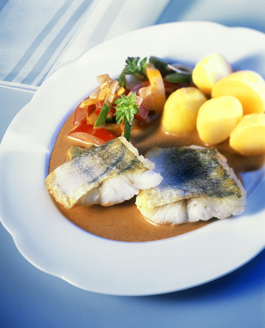 Fried pike-perch in pepper sauce with potatoes