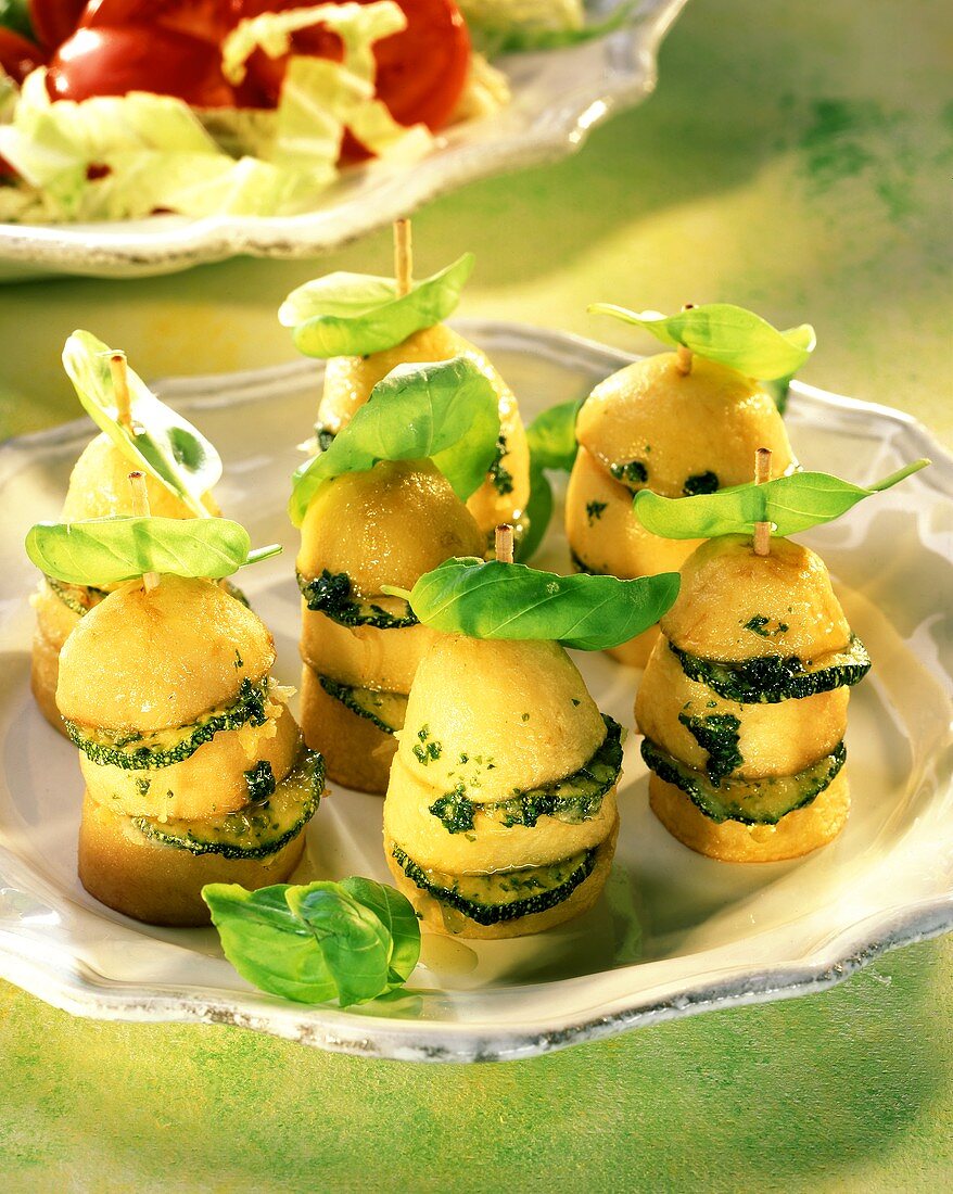 Courgette potatoes with basil on cocktail stick