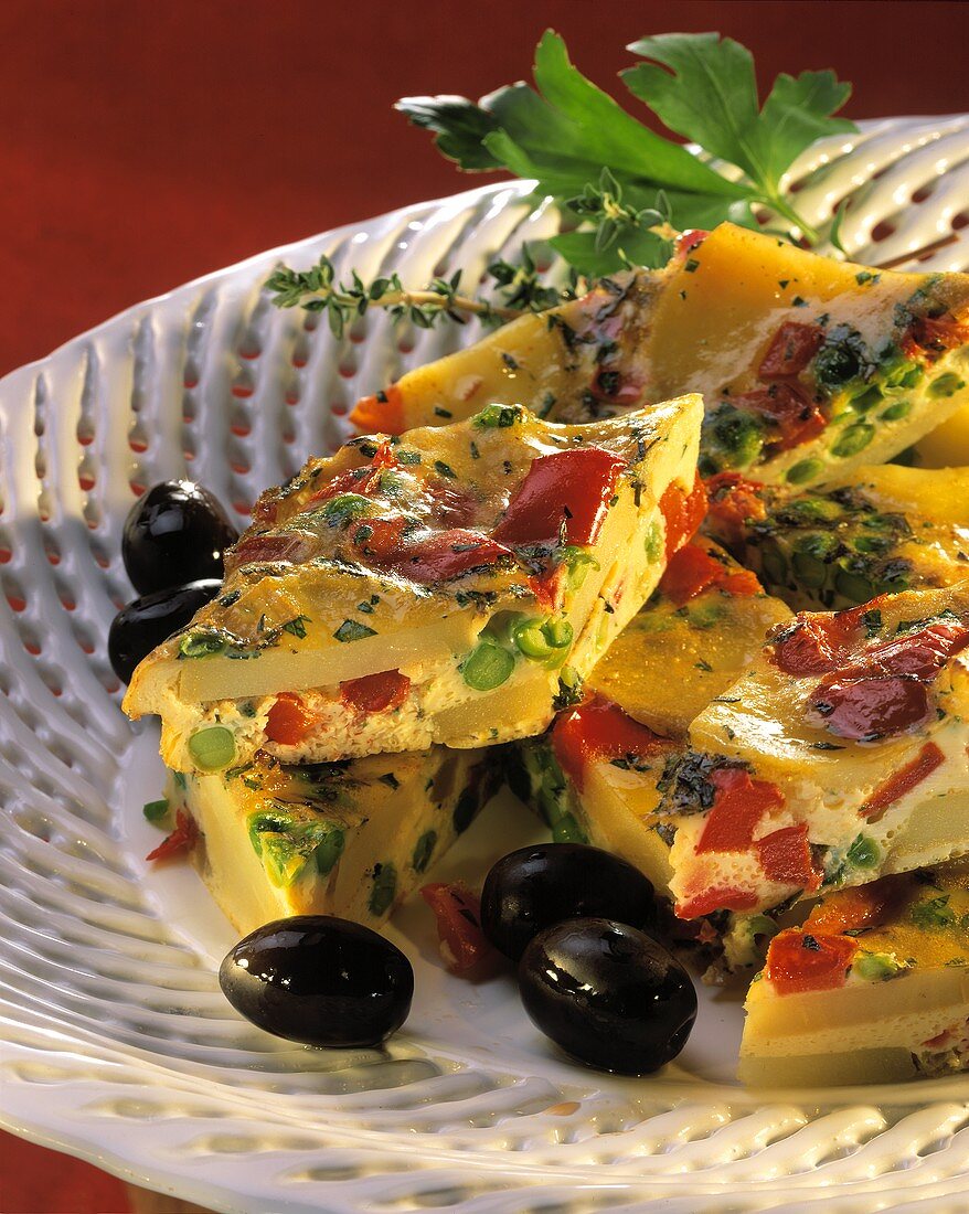 Spanish vegetable tortilla, cut into small pieces