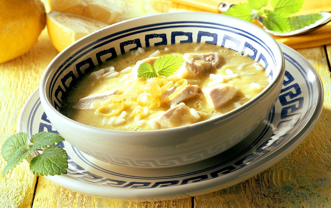 Greek lemon soup with chicken breast and lemon balm