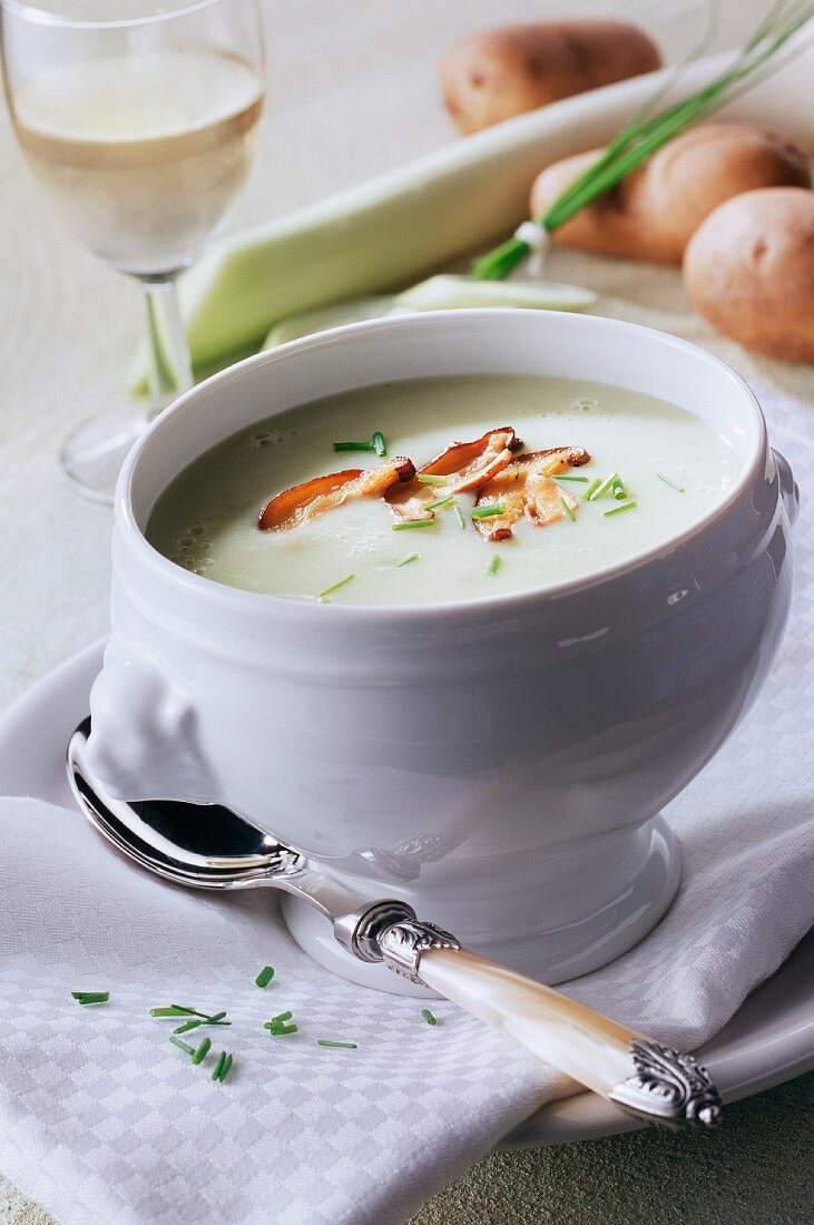 Vichyssoise (cold potato and leek soup) with mushrooms