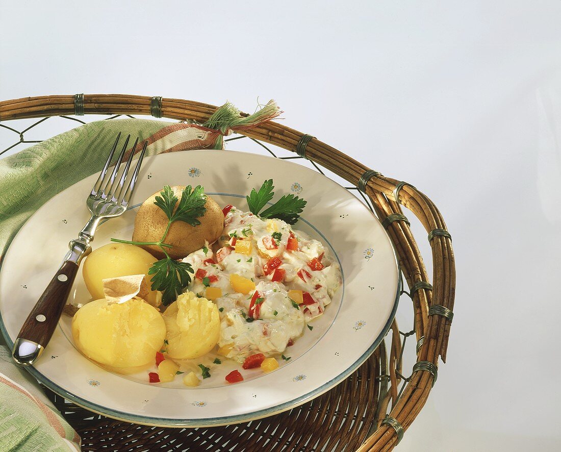 Pellkartoffeln mit Paprikaquark auf Teller mit Gabel