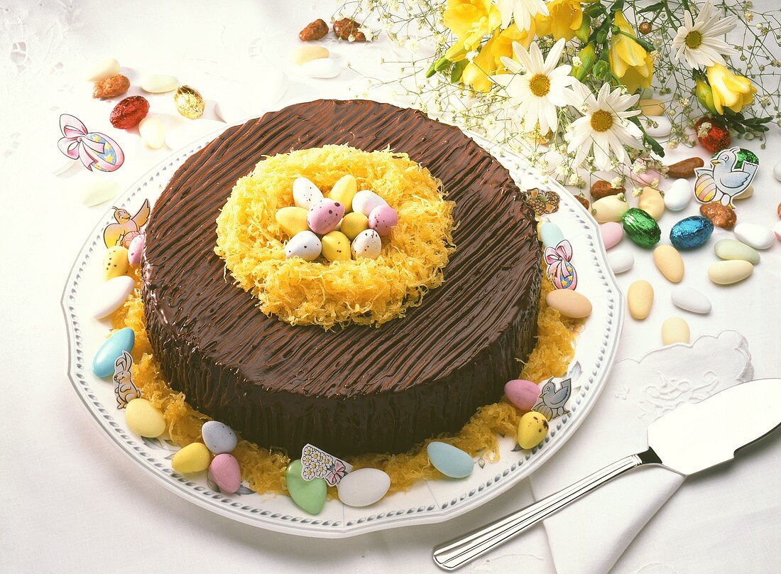 Chocolate cake, decorated with Easter sweets