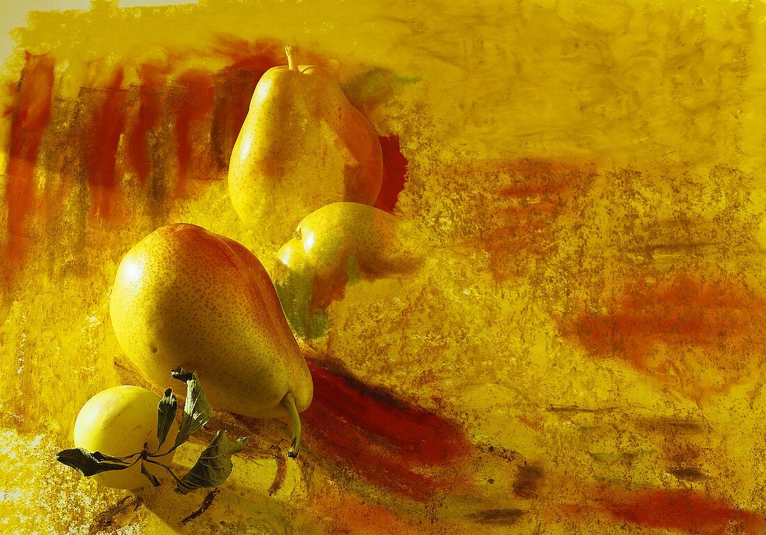Pears and an apple on a painted background
