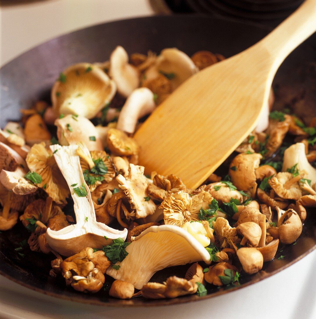 Frying mushrooms in a pan