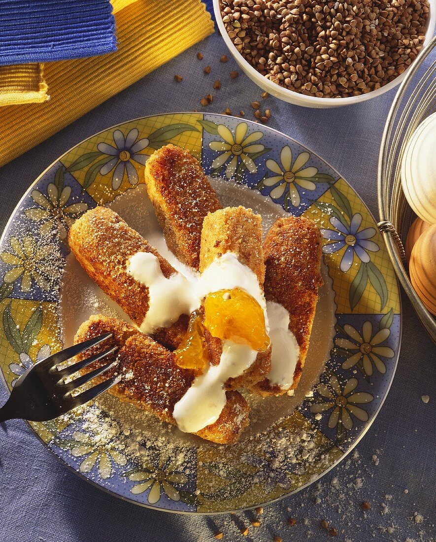 Buckwheat croquettes with cream and apricot jam