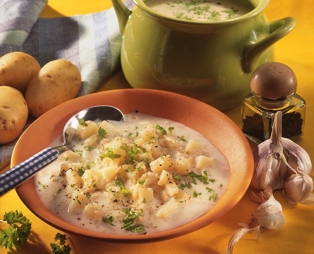 Potato soup with garlic and parsley