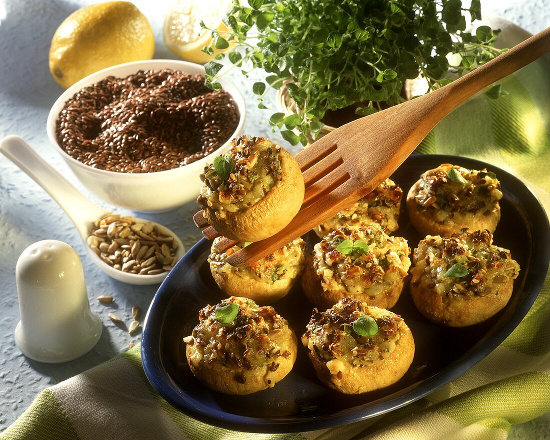Stuffed mushrooms: cottage, cheese, linseed, sunflower seeds