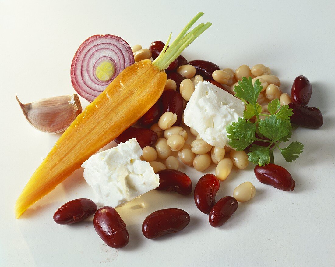 Red & white beans, half a carrot, onion & sheep's cheese