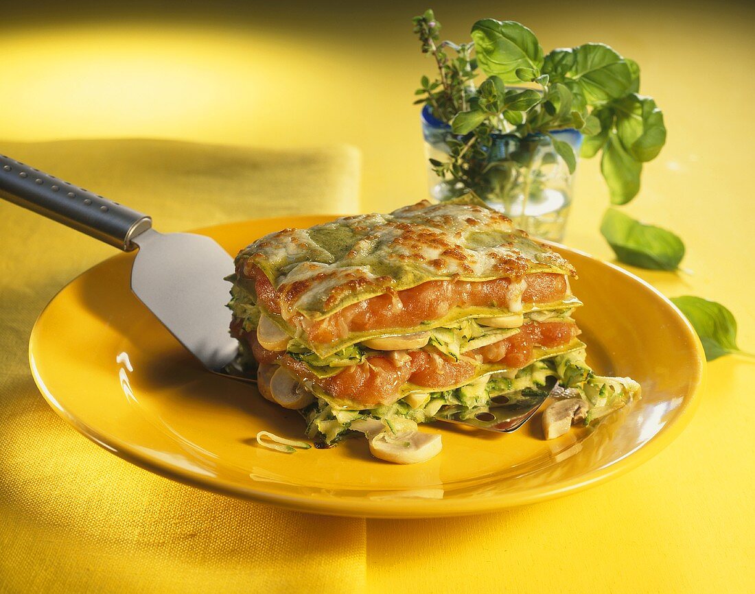 Grüne Lasagne mit Tomaten, Pilzen und Basilikum