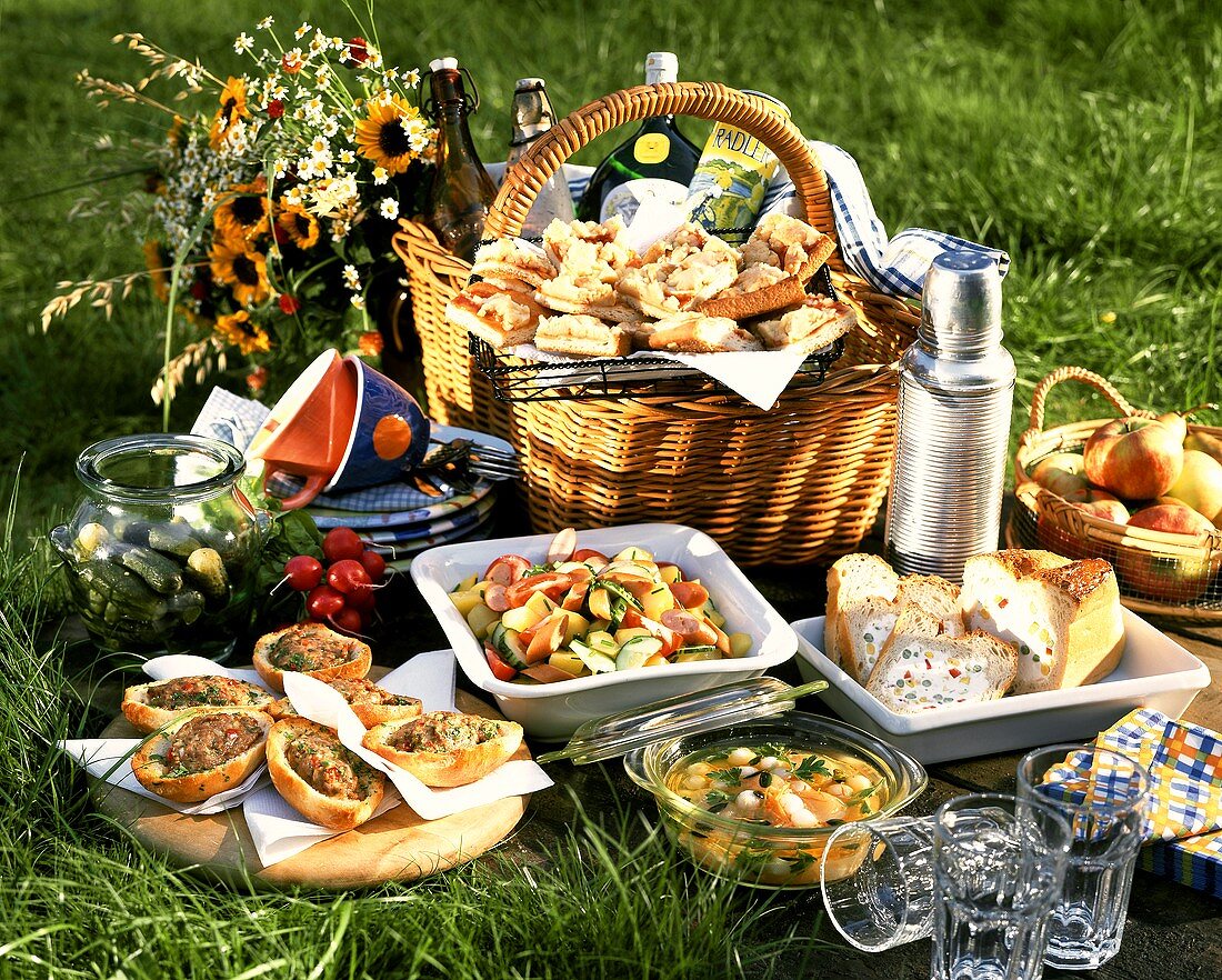 Picknick auf einer Wiese mit belegten Broten, Salat, Kuchen