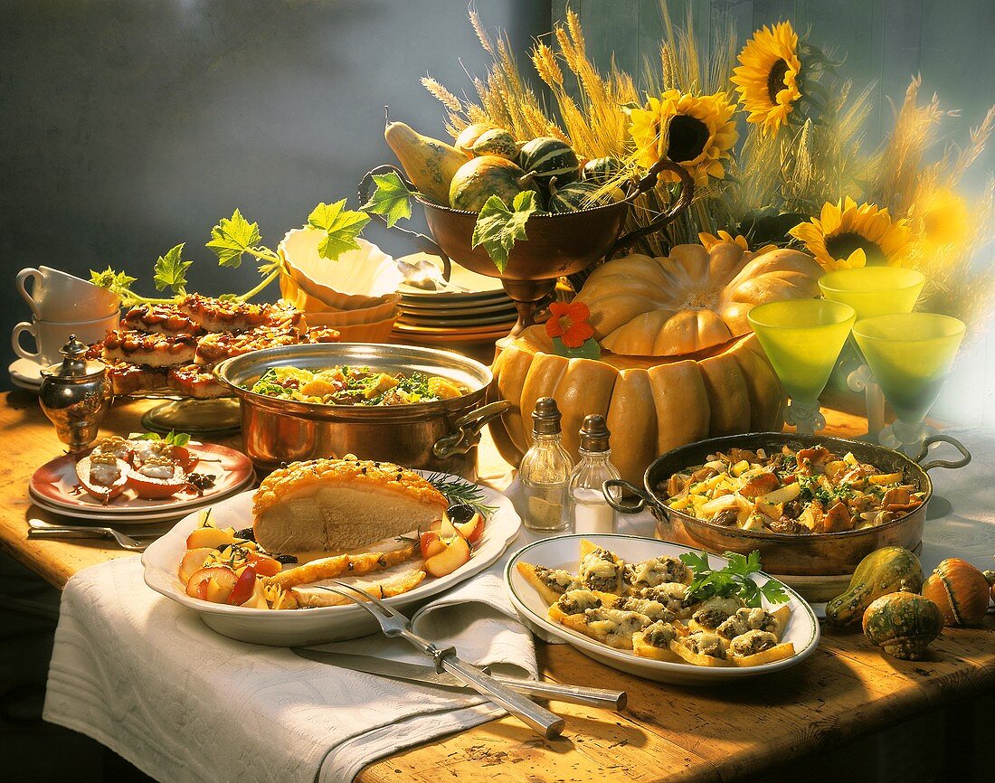 Rustic buffet for Harvest Festival on wooden table