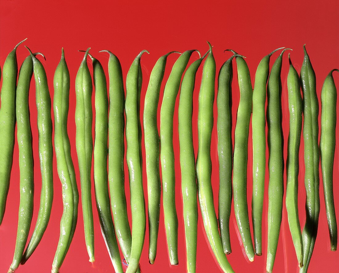 Green beans on a red background