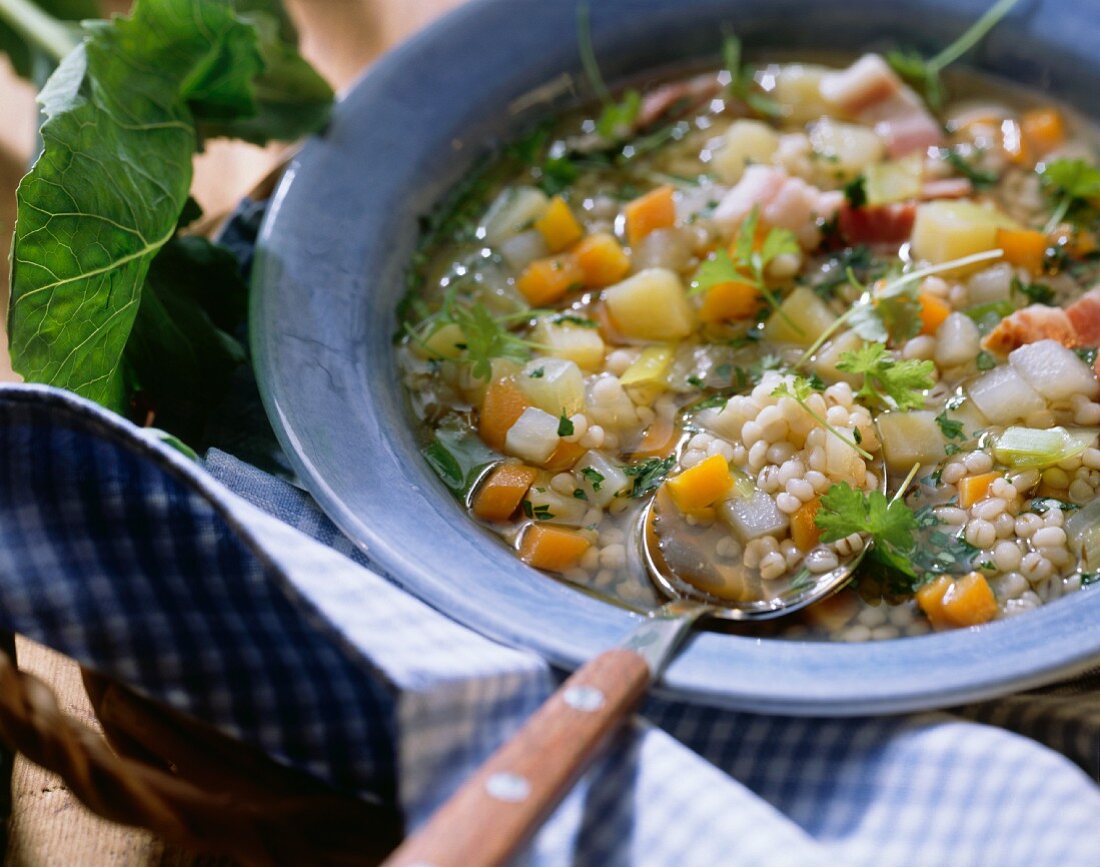 Barley soup with vegetables and parsley