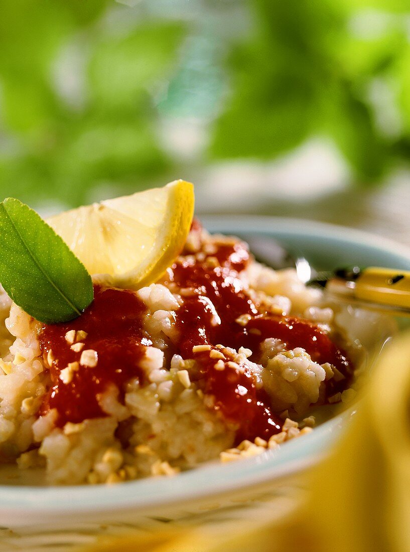 Rice pudding with rhubarb and raspberry sauce