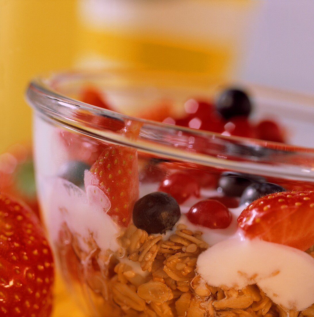 Berry muesli with crunchies in a glass bowl