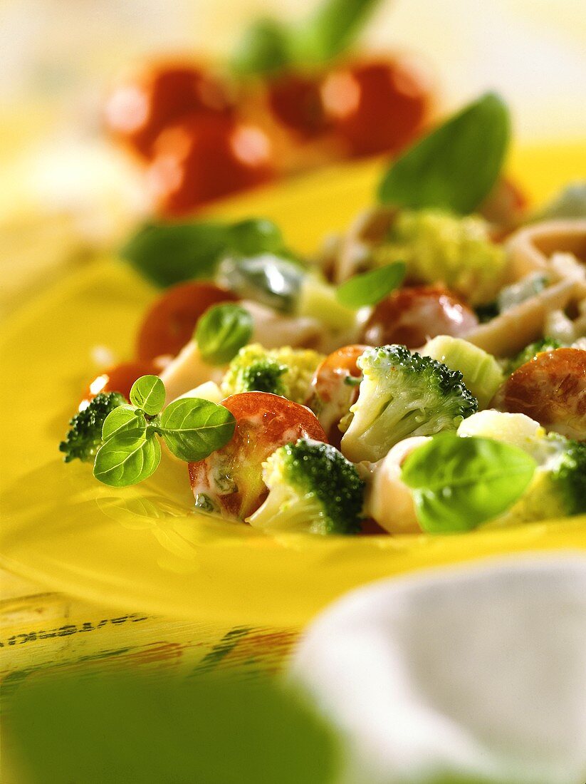 Turkey salad with broccoli, tomatoes and basil