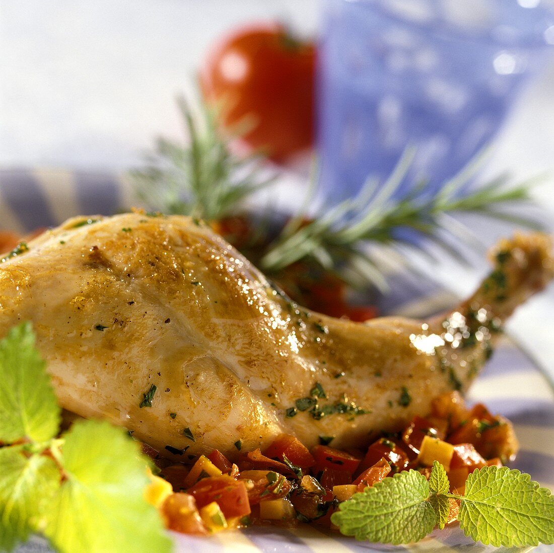 Rabbit with vegetables and herbs on plate