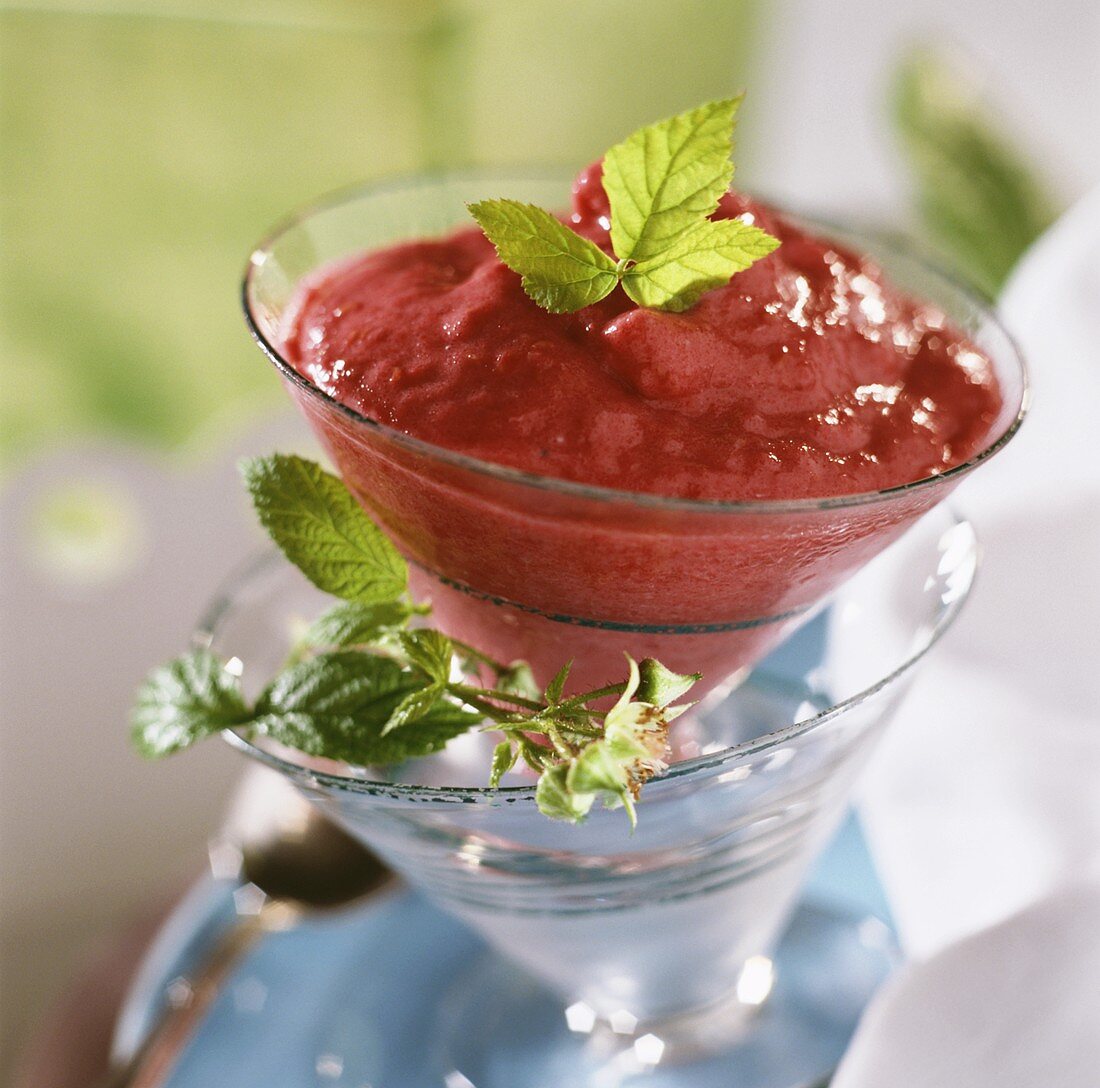Berry dairy ice cream in glass, garnished with herb leaves