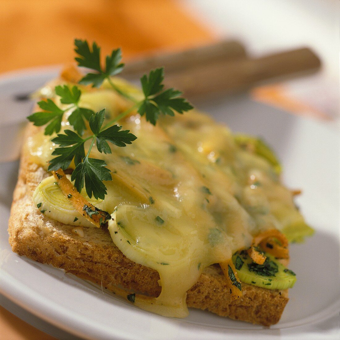 Raclette and vegetables on toast with parsley